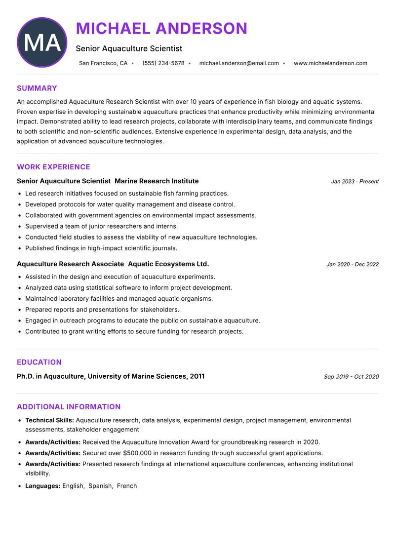 Aquaculture Research Scientist resume example — ATS-friendly template
