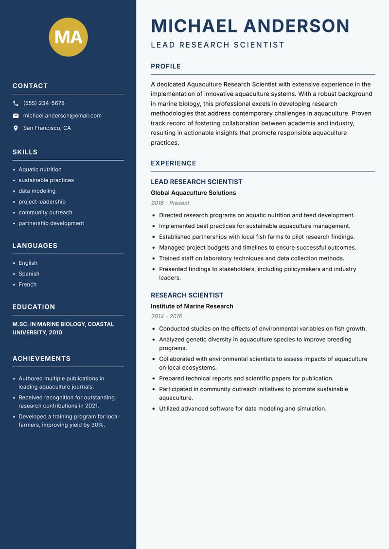Aquaculture Research Scientist resume template — Classic Clean