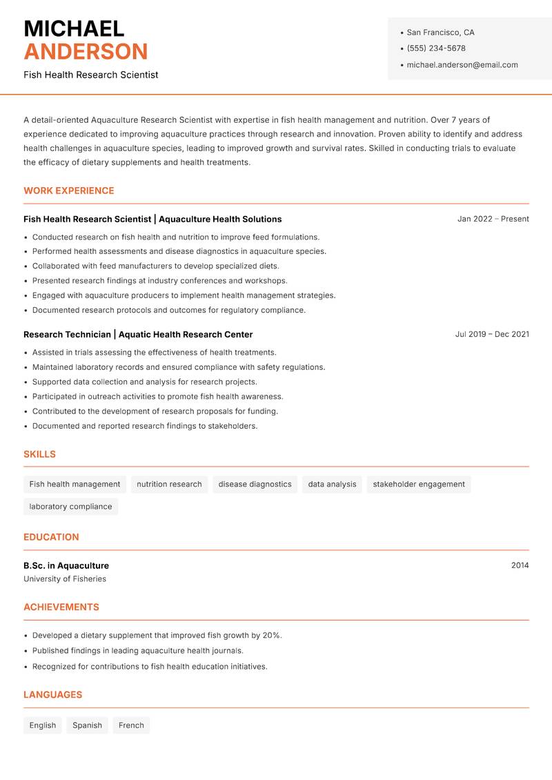 Aquaculture Research Scientist resume template — Modern Professional