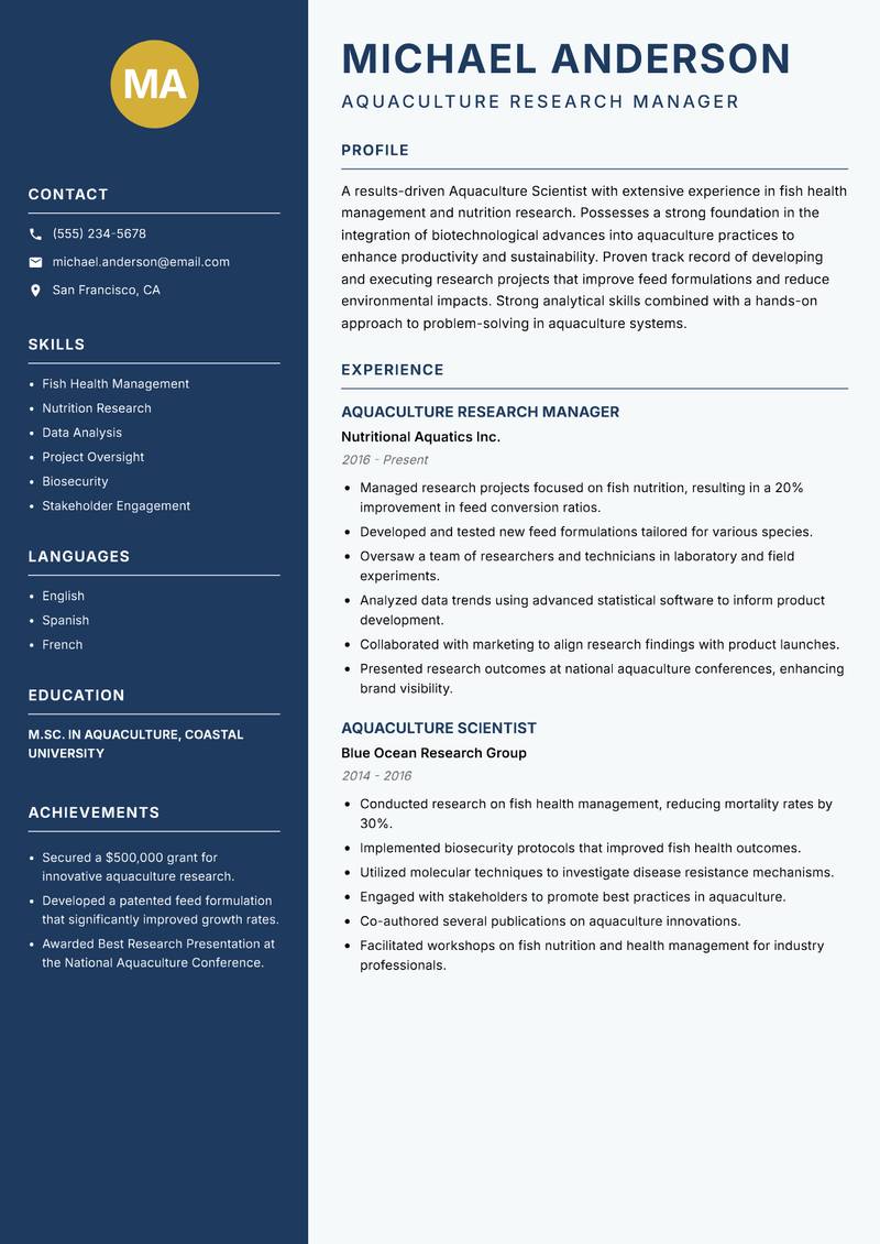 Aquaculture Scientist resume template — Classic Clean