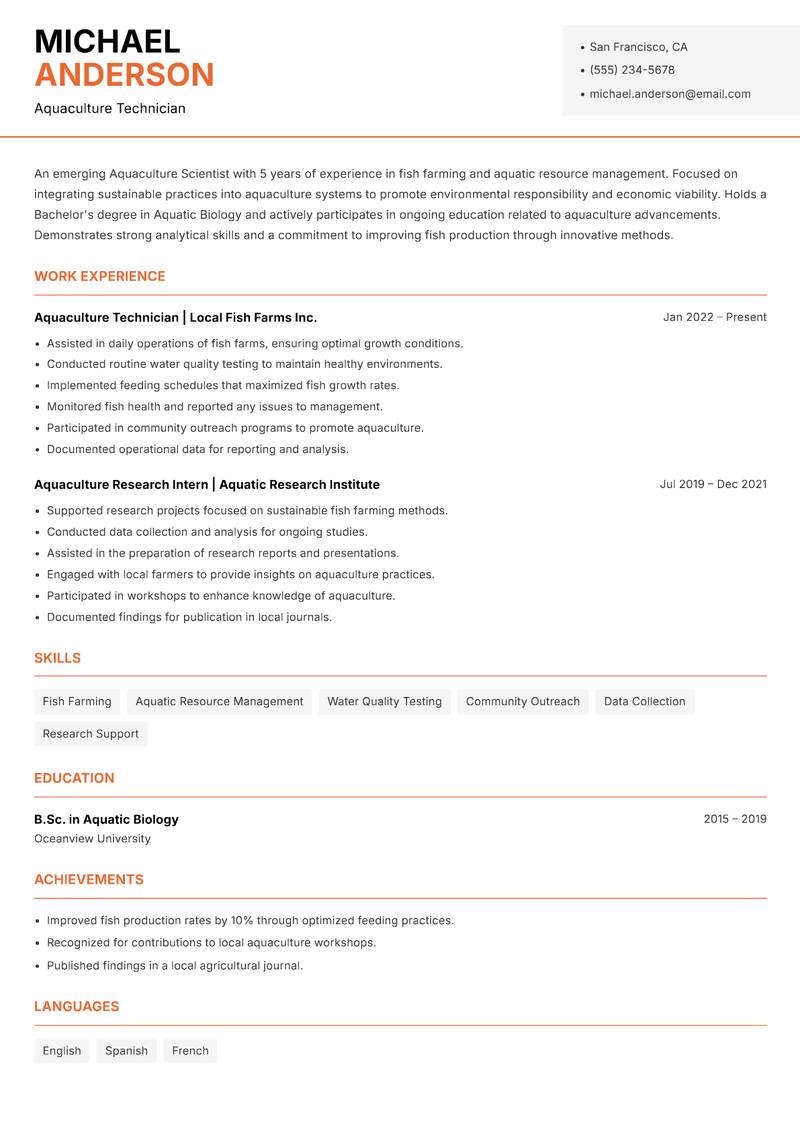 Aquaculture Scientist resume template — Modern Professional