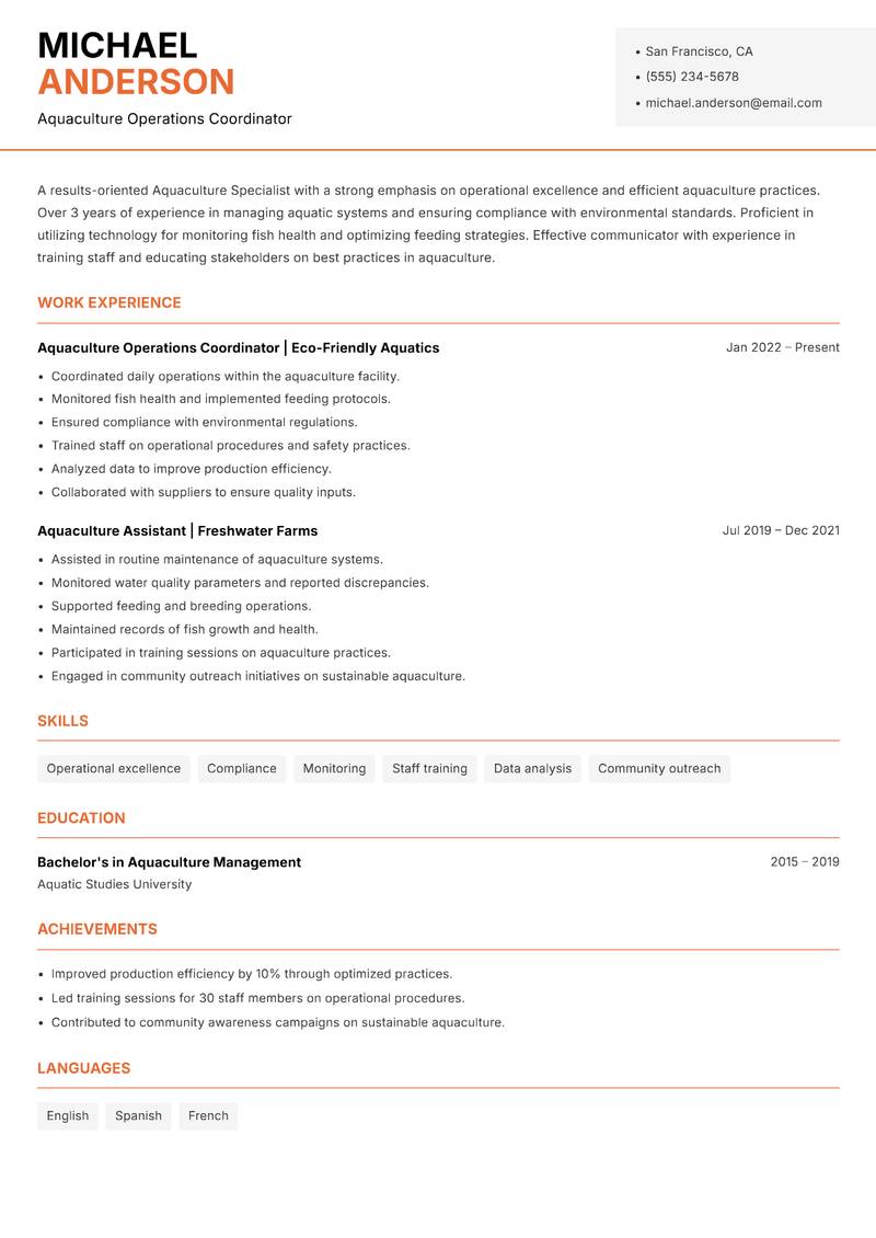 Aquaculture Specialist resume template — Modern Professional
