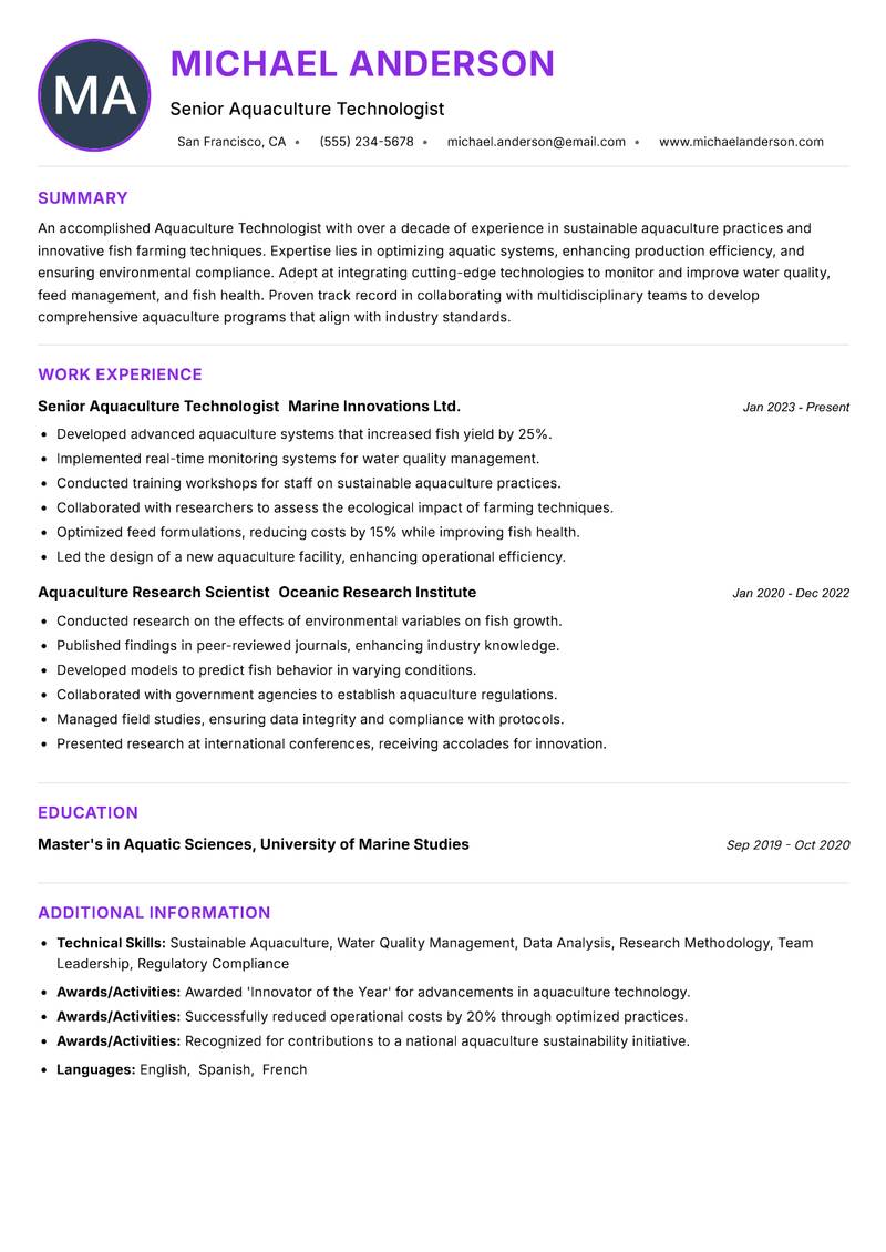 Aquaculture Technologist resume example — ATS-friendly template
