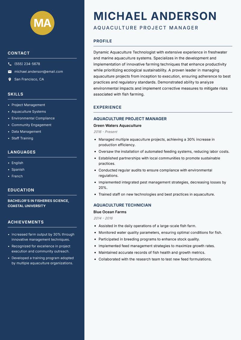 Aquaculture Technologist resume template — Classic Clean