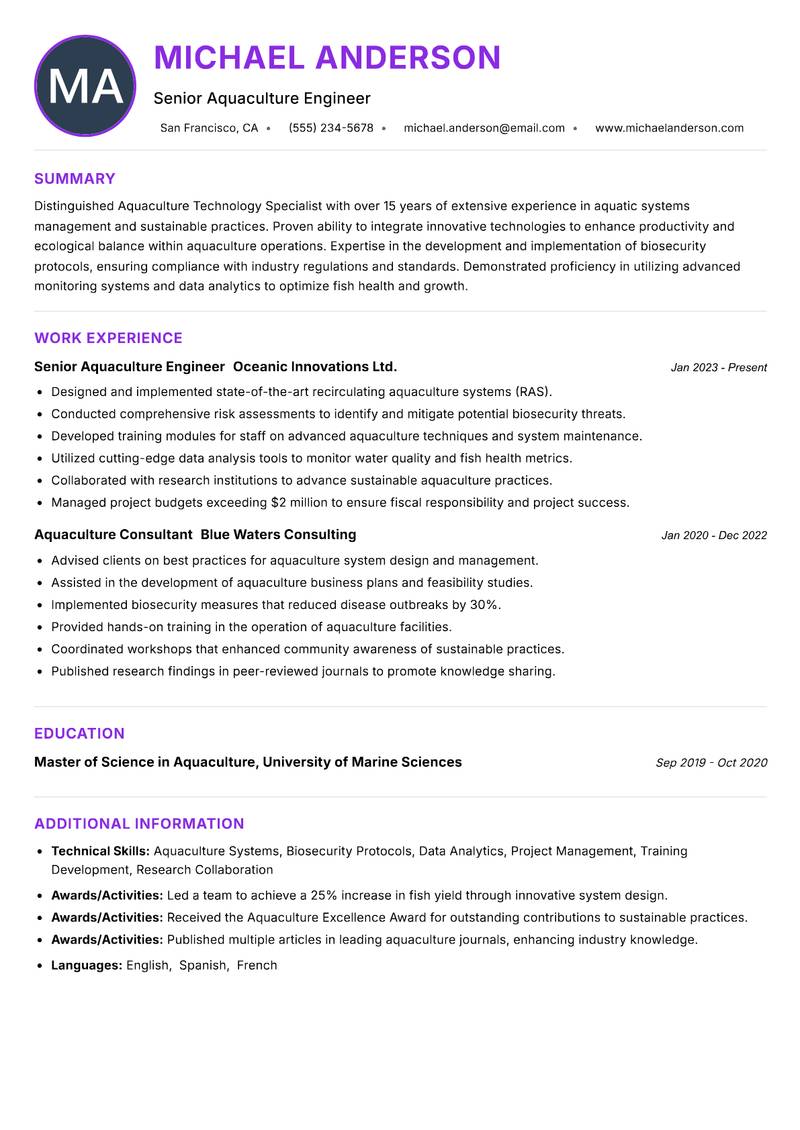 Aquaculture Technology Specialist resume example — ATS-friendly template
