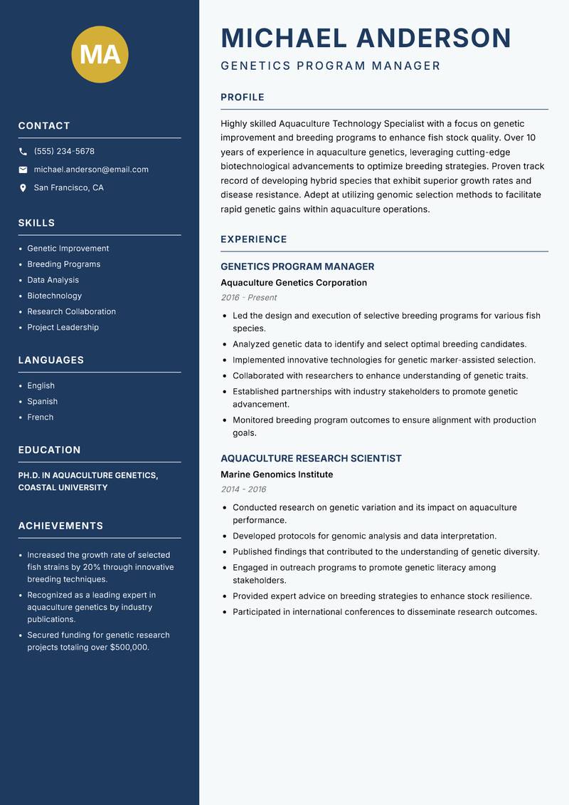Aquaculture Technology Specialist resume template — Classic Clean