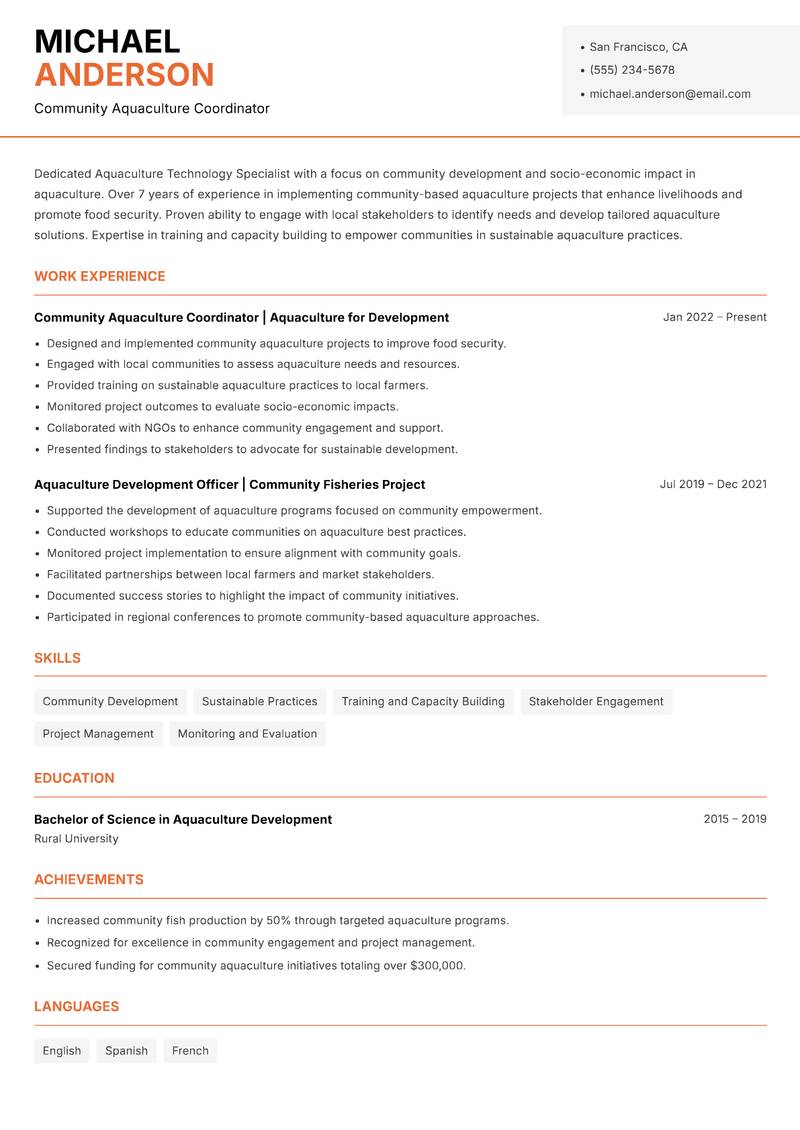 Aquaculture Technology Specialist resume template — Modern Professional