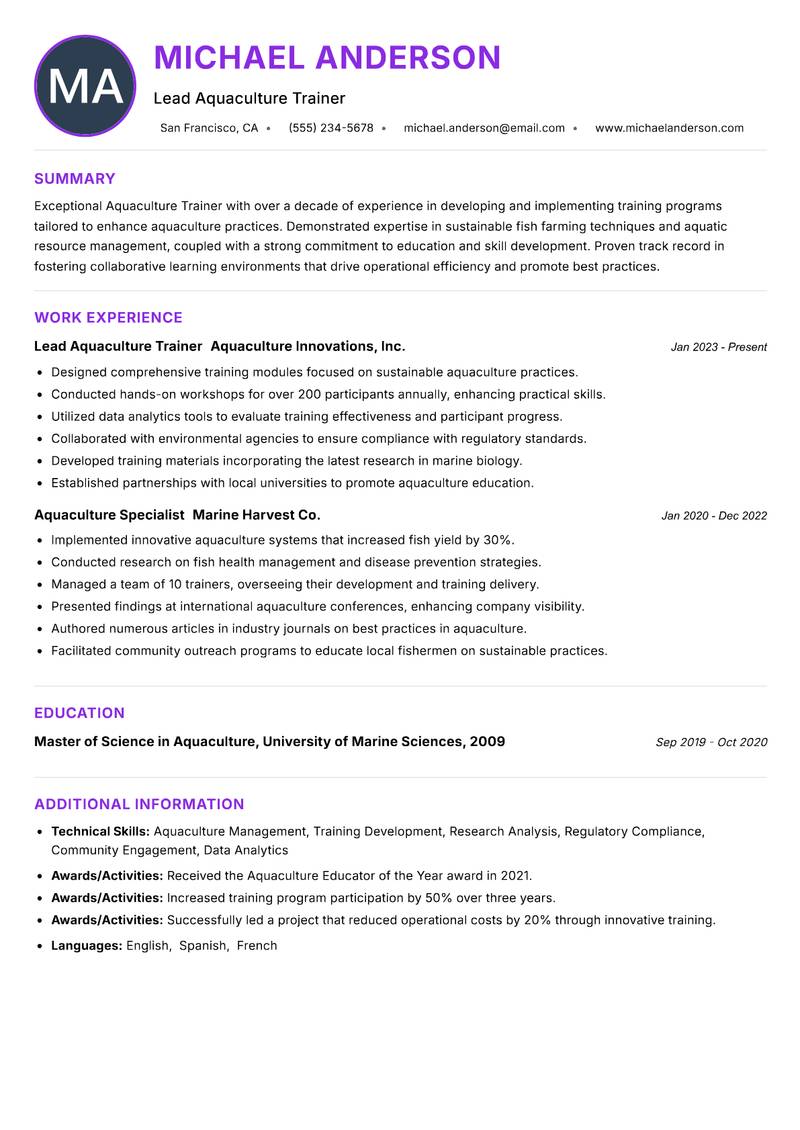 Aquaculture Trainer resume example — ATS-friendly template
