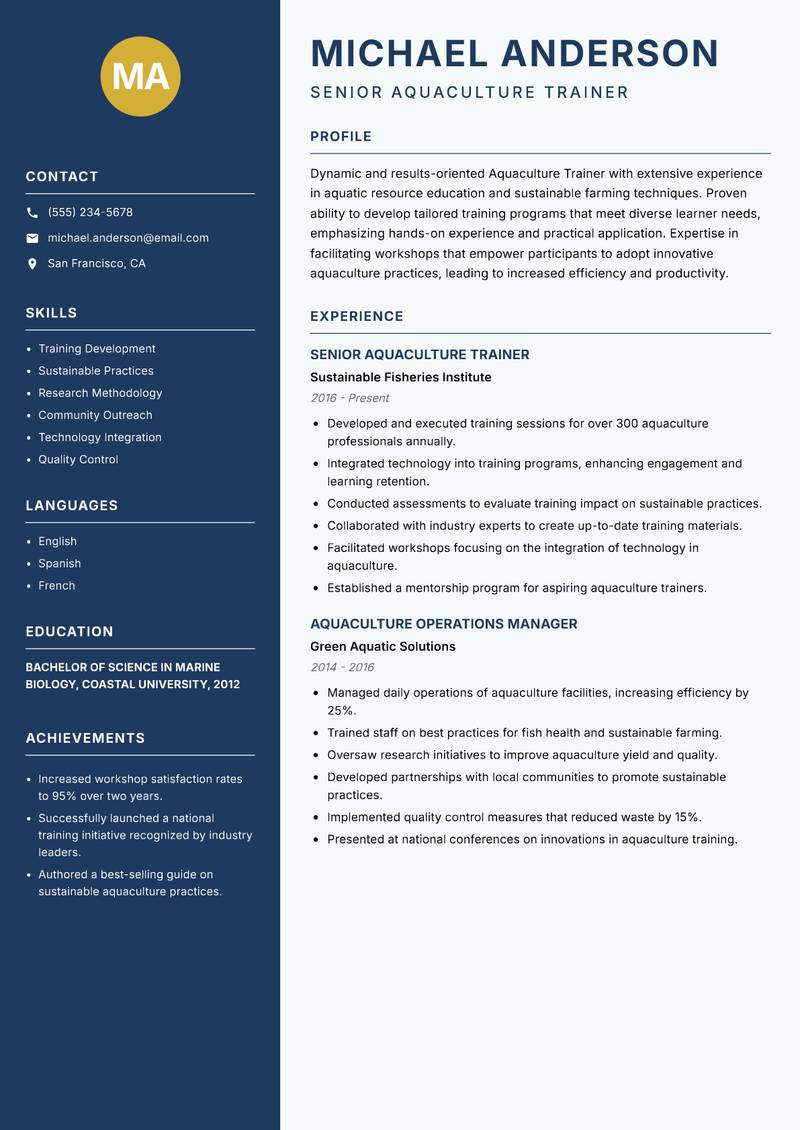 Aquaculture Trainer resume template — Classic Clean
