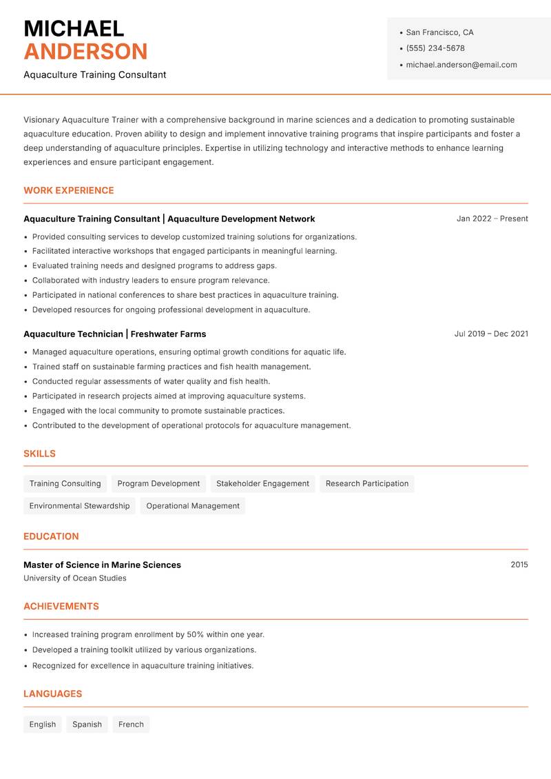 Aquaculture Trainer resume template — Modern Professional