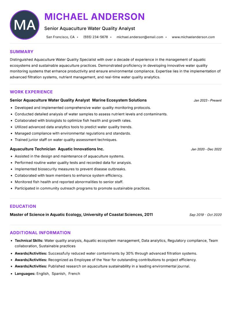 Aquaculture Water Quality Specialist resume example — ATS-friendly template