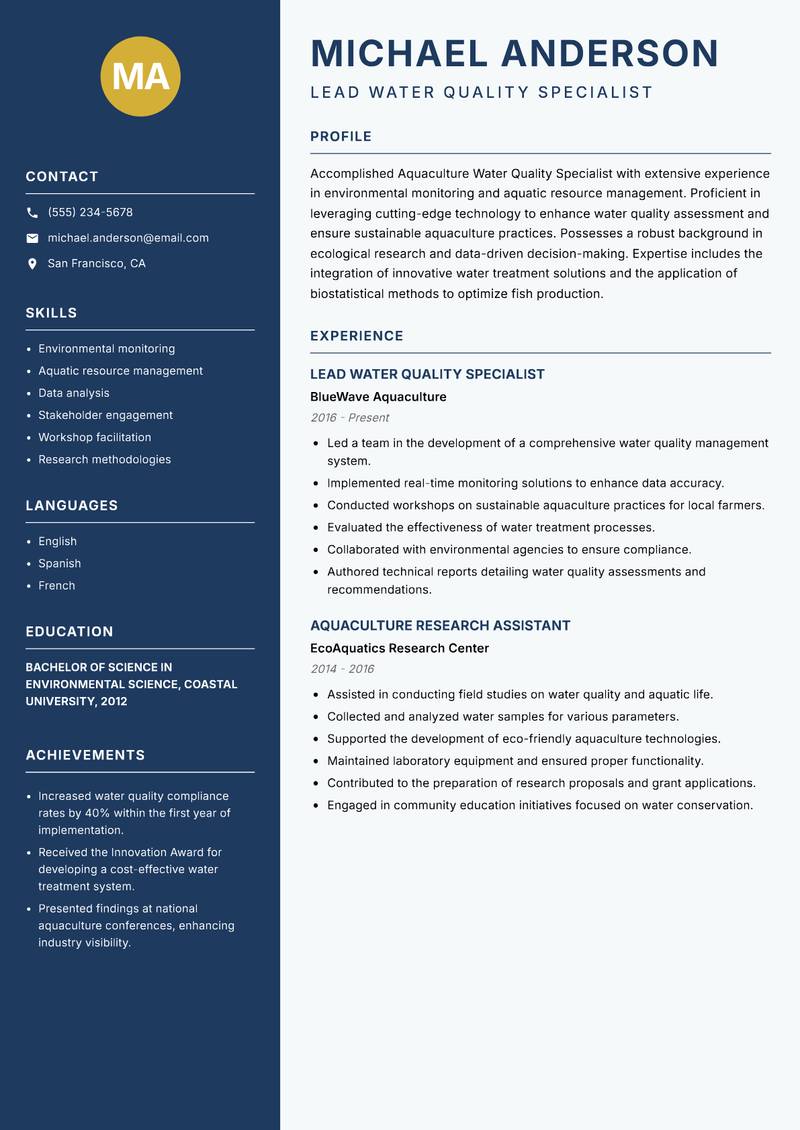 Aquaculture Water Quality Specialist resume template — Classic Clean