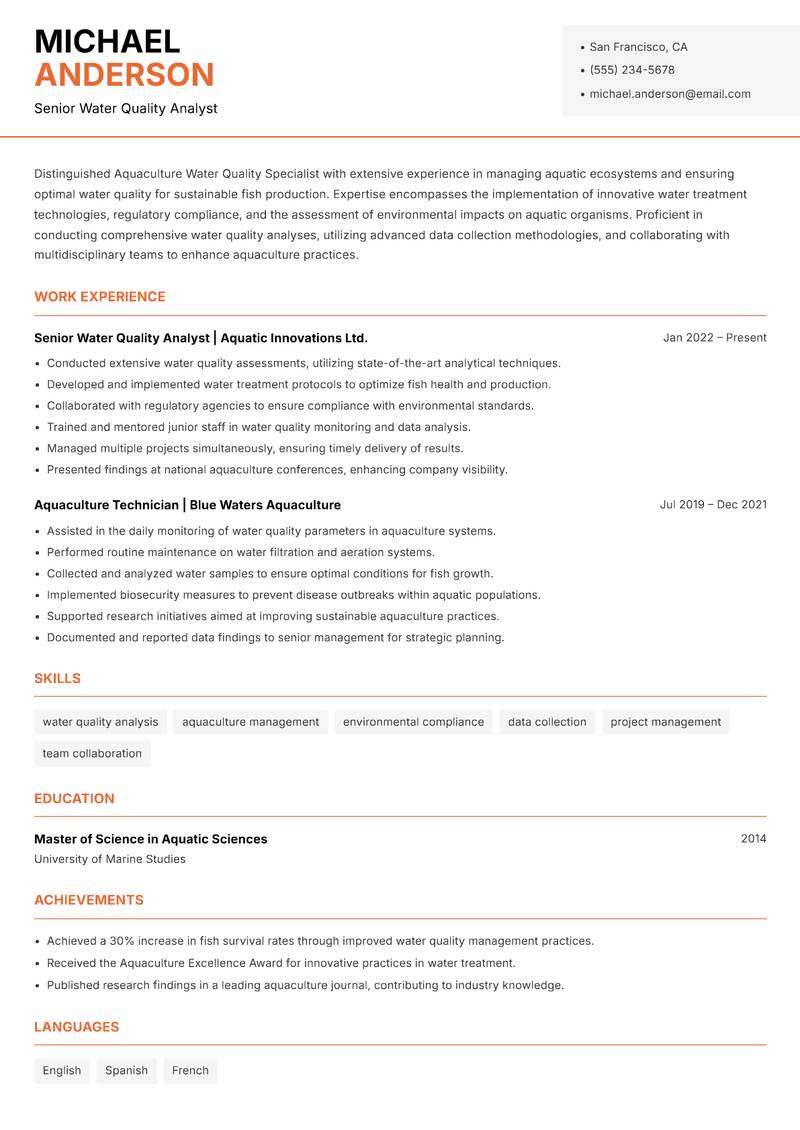 Aquaculture Water Quality Specialist resume template — Modern Professional