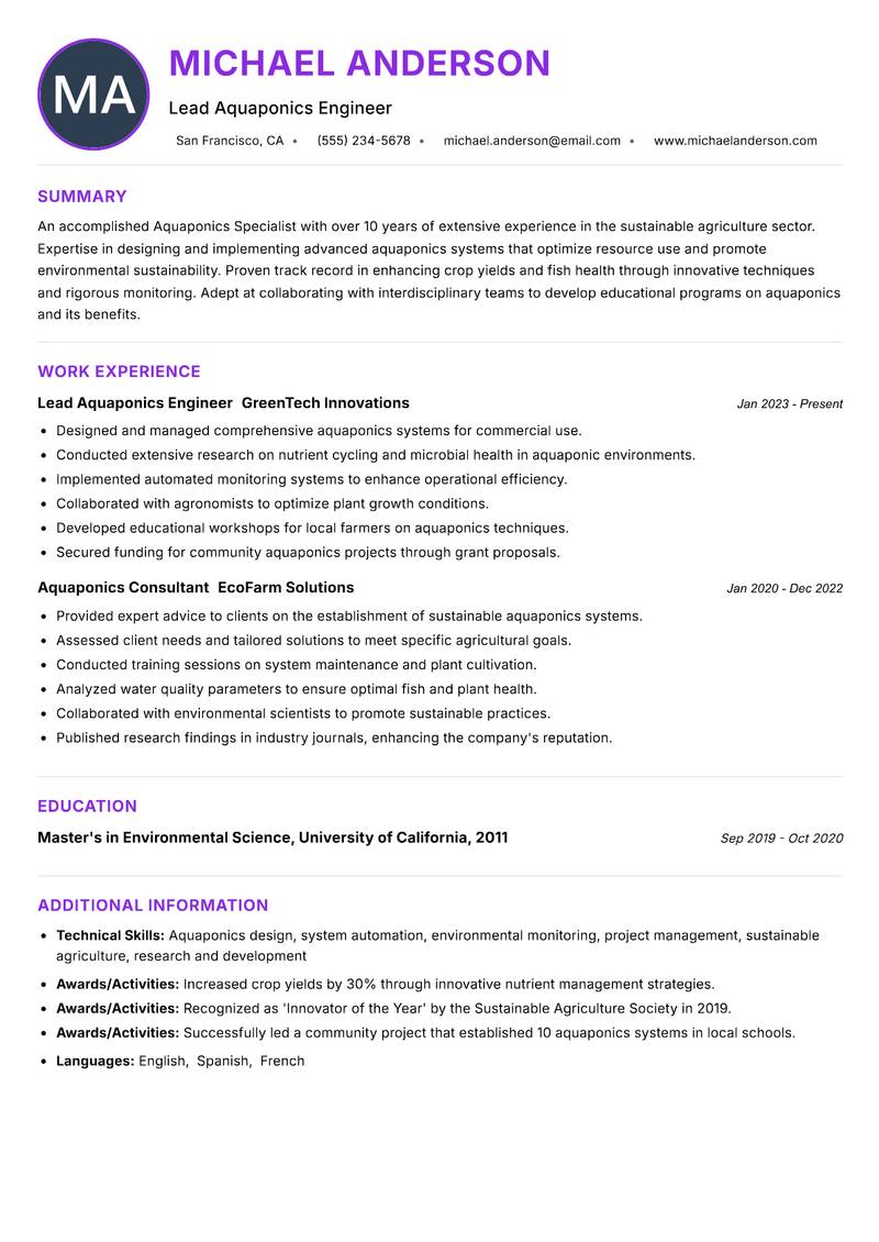 Aquaponics Specialist resume example — ATS-friendly template