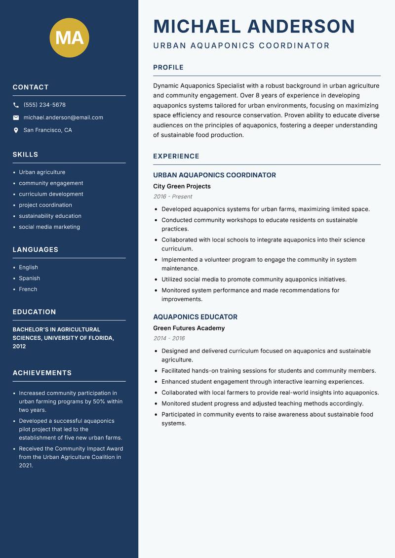 Aquaponics Specialist resume template — Classic Clean