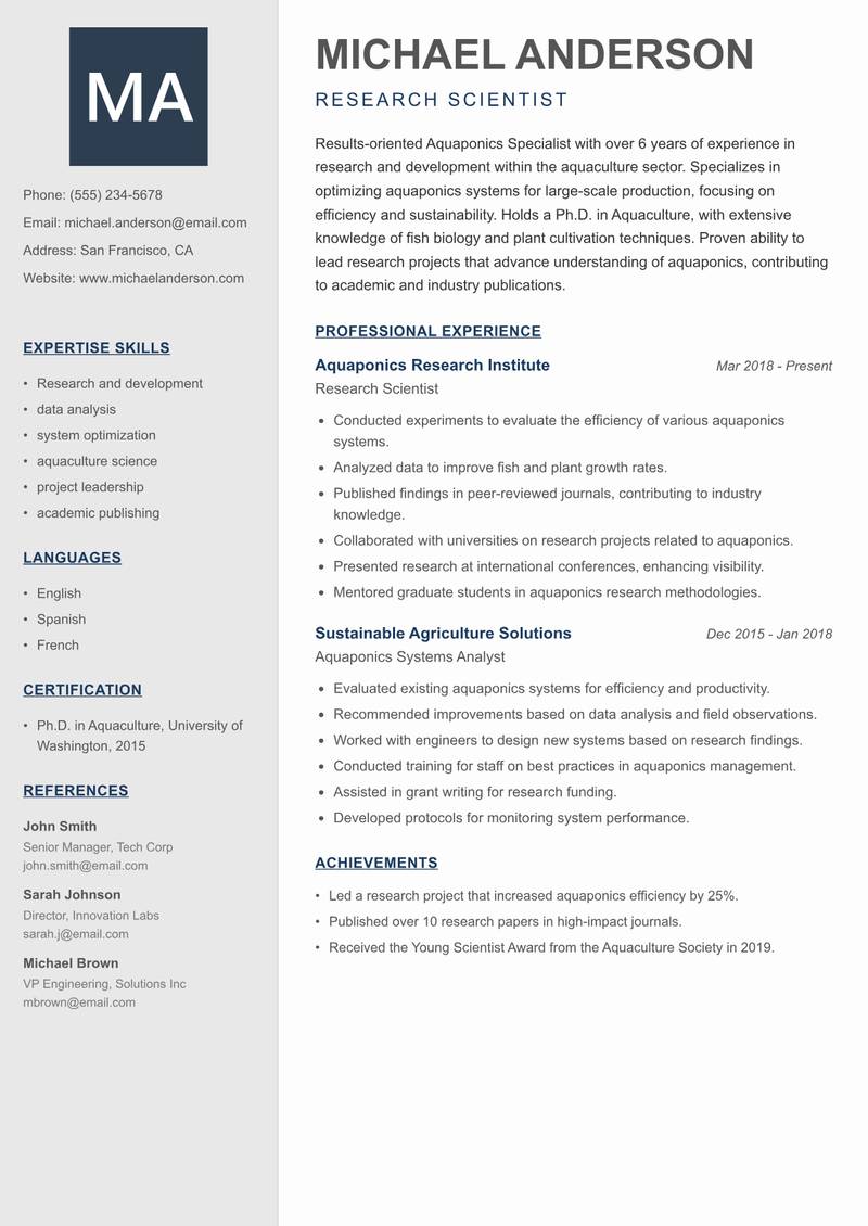 Aquaponics Specialist resume template — Creative Minimal