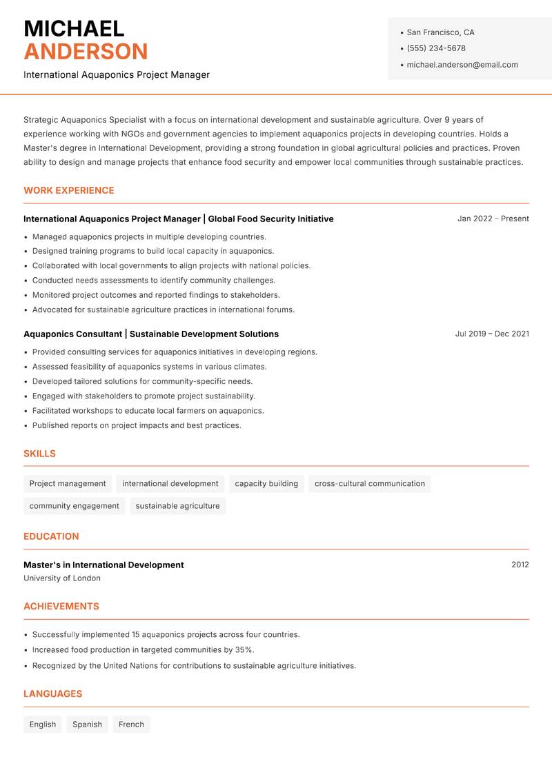 Aquaponics Specialist resume template — Modern Professional