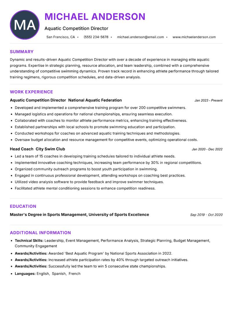 Aquatic Competition Director resume example — Water Sports