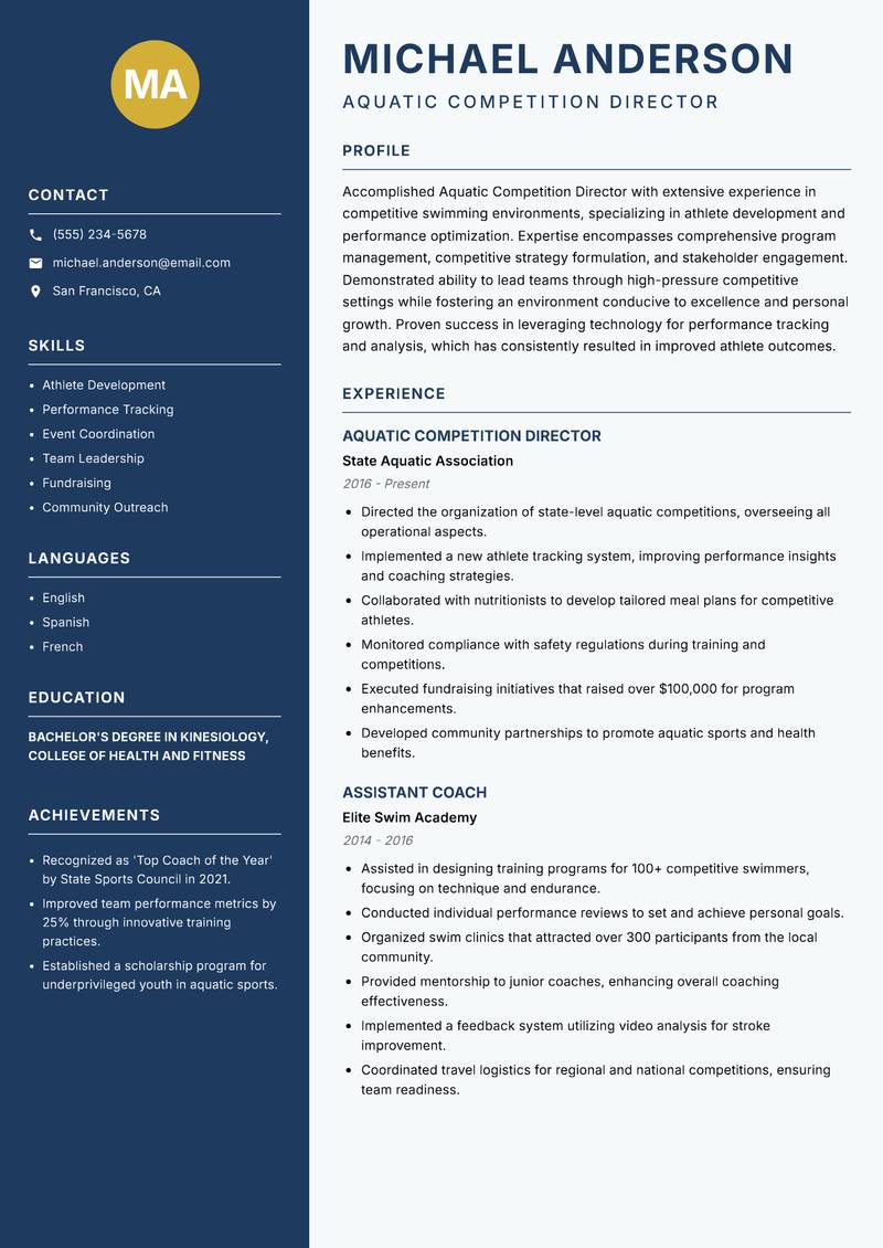 Aquatic Competition Director resume template — Classic Clean