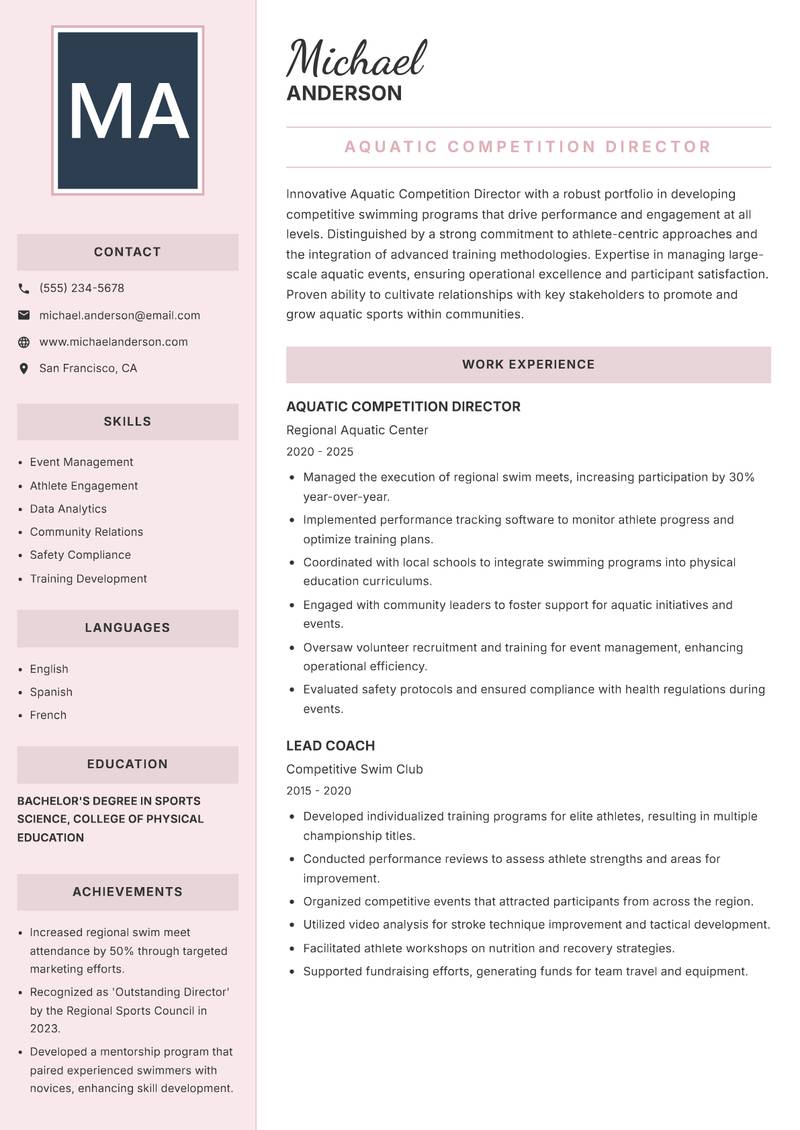 Aquatic Competition Director resume template — Executive