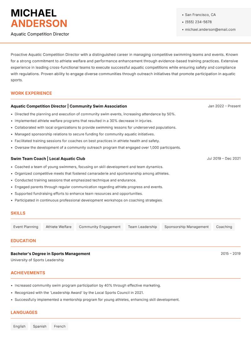Aquatic Competition Director resume template — Modern Professional