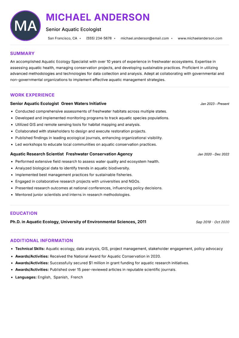 Aquatic Ecology Specialist resume example — ATS-friendly template