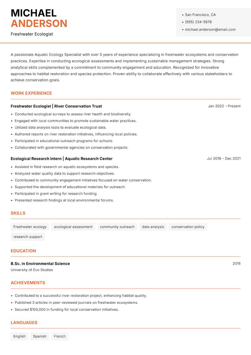 Aquatic Ecology Specialist resume template — Modern Professional