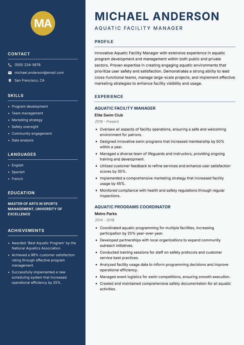 Aquatic Facility Manager resume template — Classic Clean