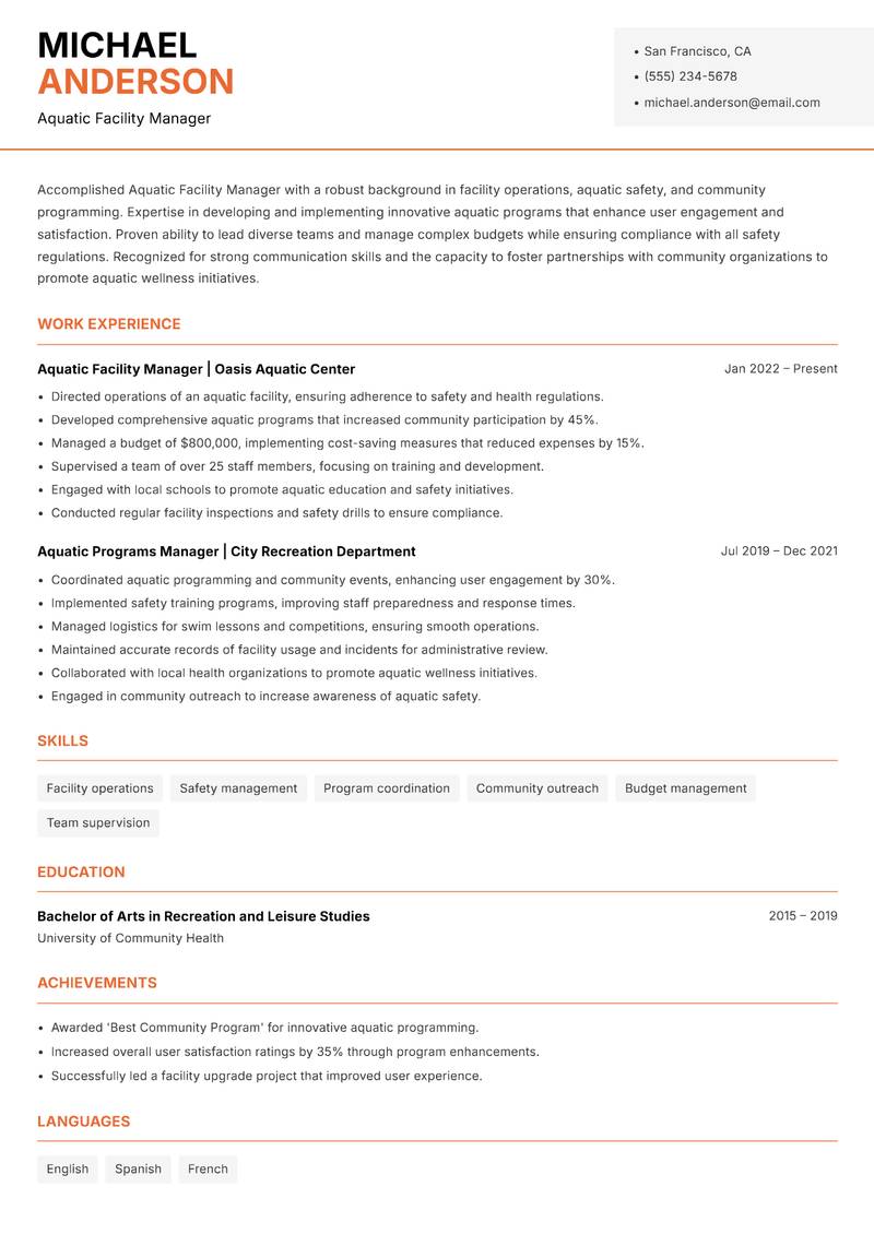 Aquatic Facility Manager resume template — Modern Professional