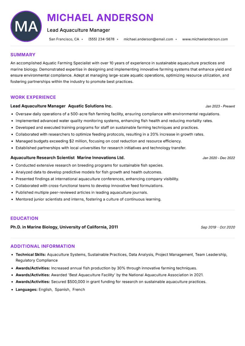 Aquatic Farming Specialist resume example — ATS-friendly template