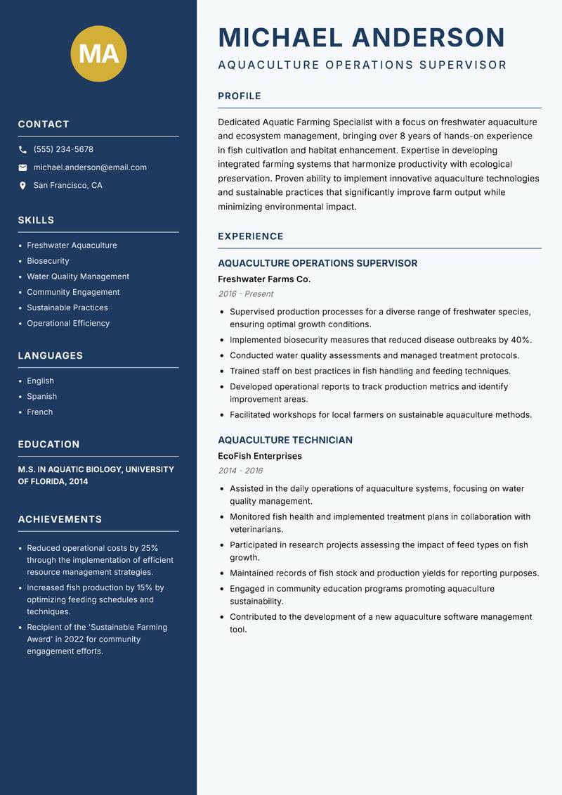 Aquatic Farming Specialist resume template — Classic Clean
