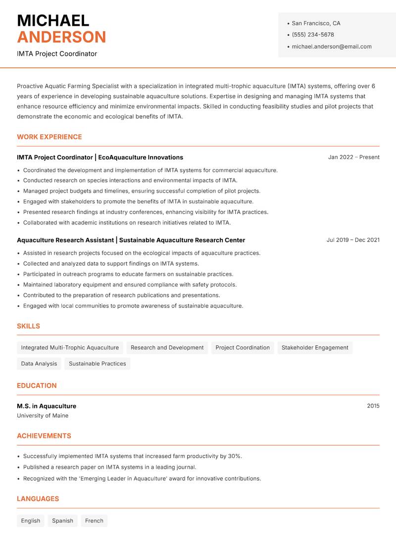 Aquatic Farming Specialist resume template — Modern Professional