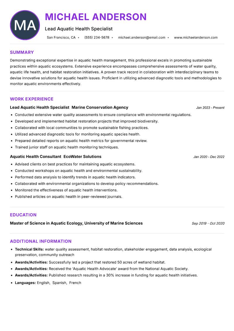Aquatic Health Specialist resume example — ATS-friendly template