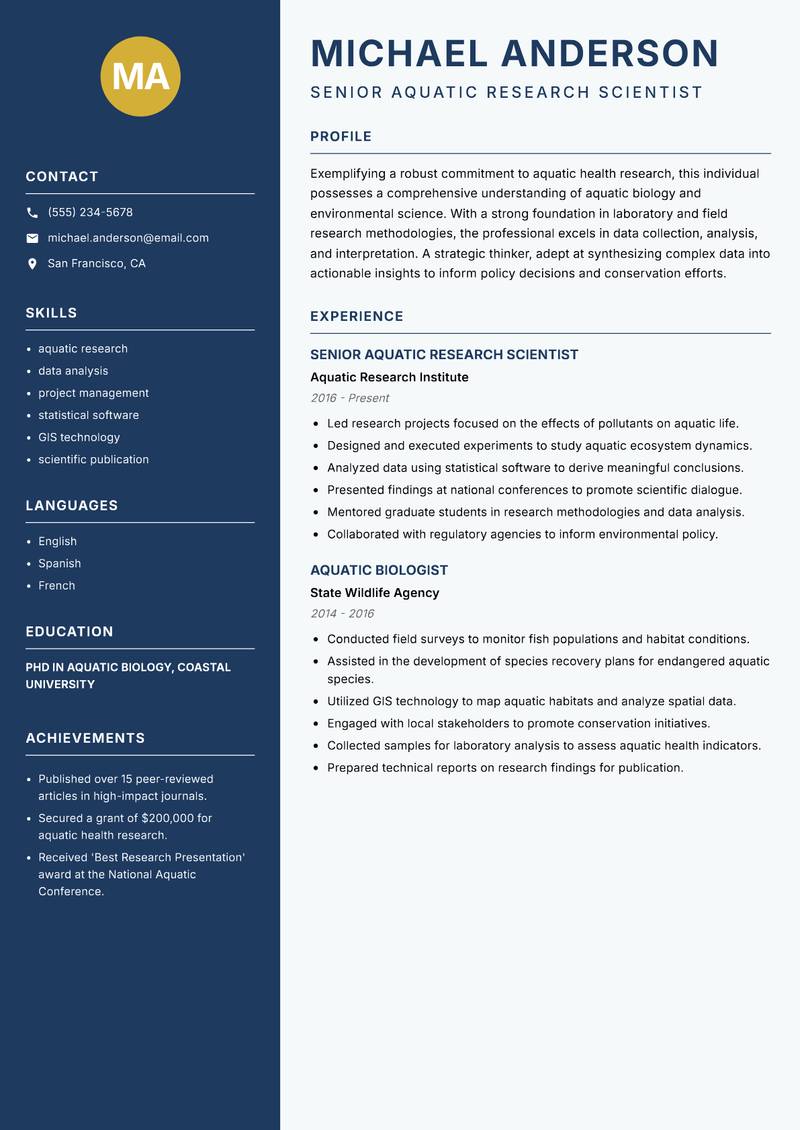 Aquatic Health Specialist resume template — Classic Clean
