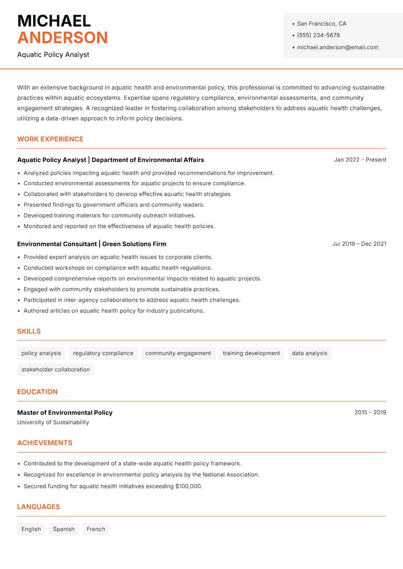 Aquatic Health Specialist resume template — Modern Professional