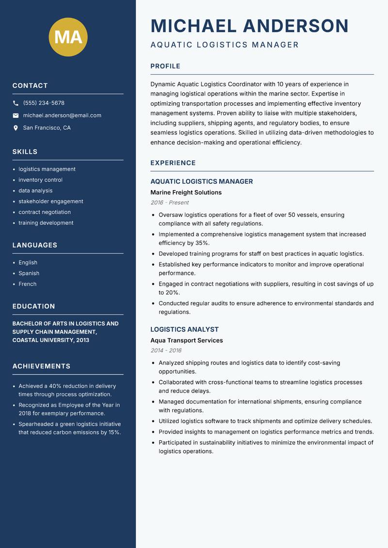 Aquatic Logistics Coordinator resume template — Classic Clean