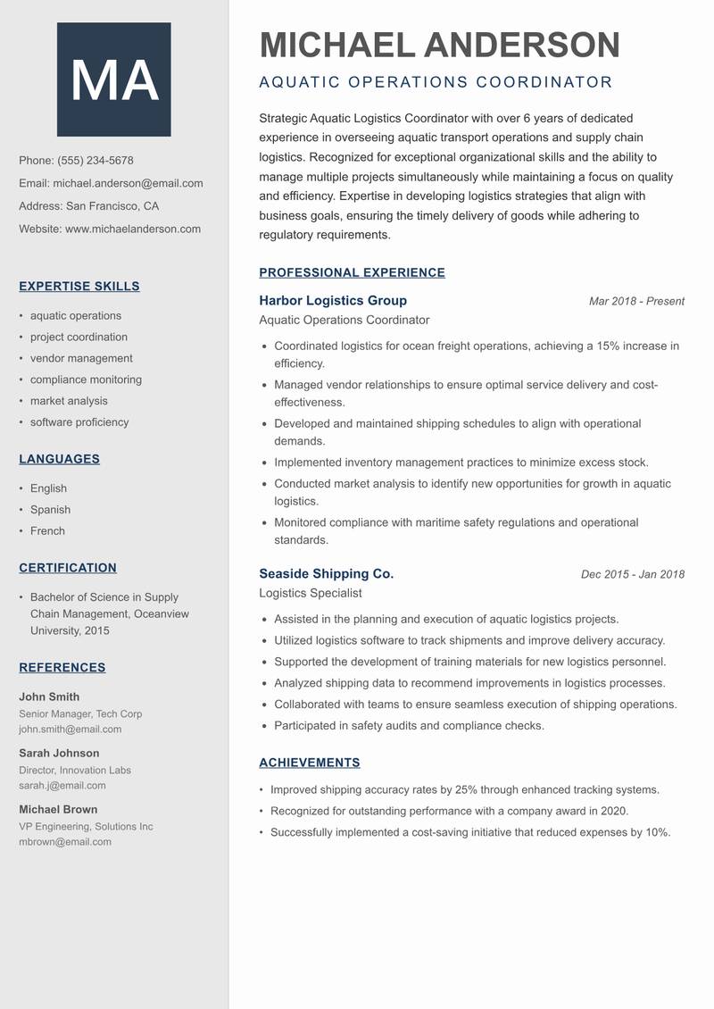 Aquatic Logistics Coordinator resume template — Creative Minimal