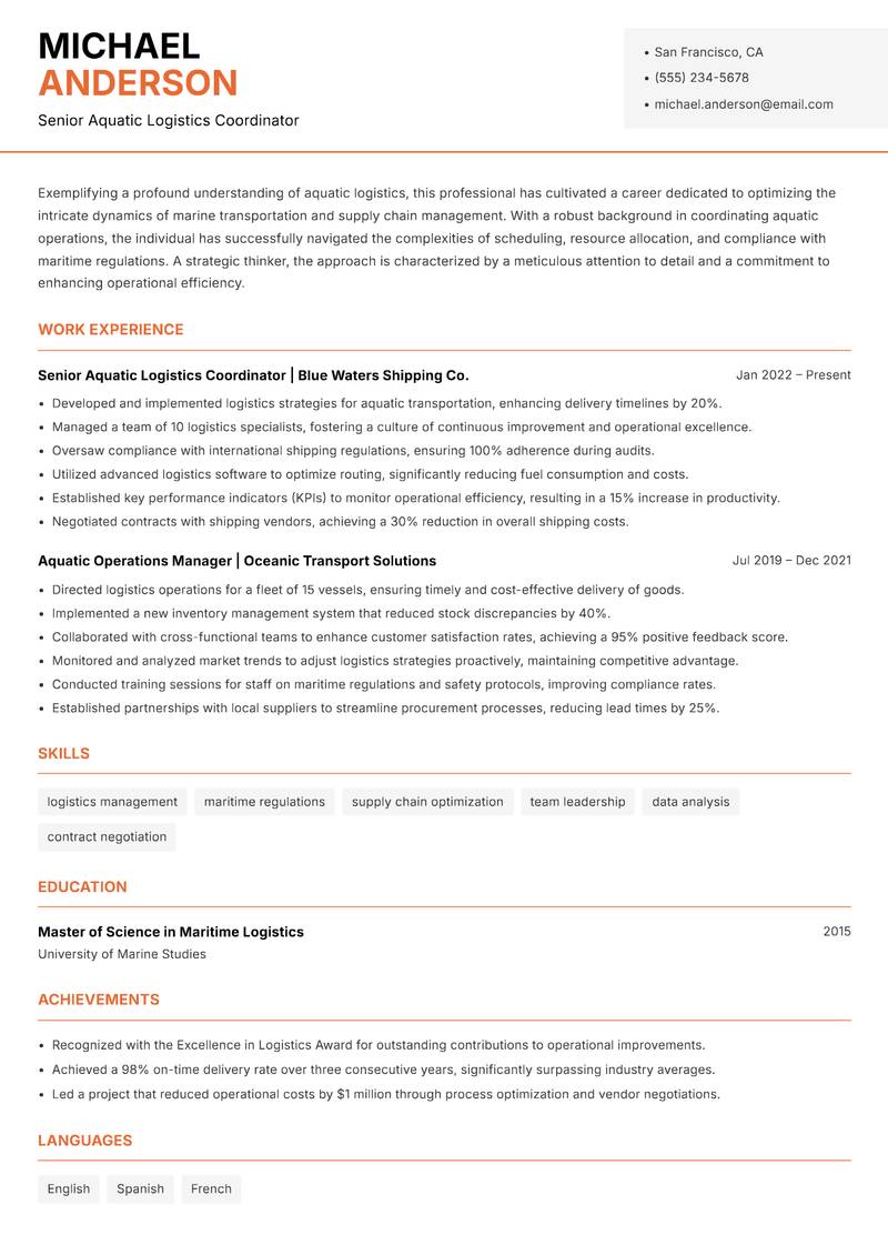 Aquatic Logistics Coordinator resume template — Modern Professional