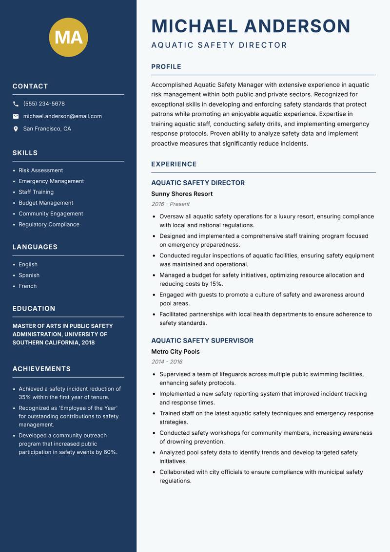 Aquatic Safety Manager resume template — Classic Clean