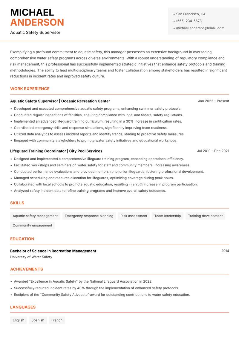 Aquatic Safety Manager resume template — Modern Professional