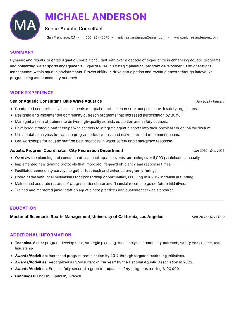 Aquatic Sports Consultant resume example — ATS-friendly template