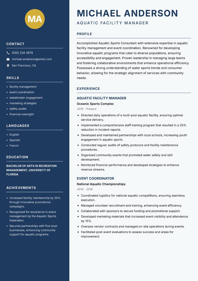 Aquatic Sports Consultant resume template — Classic Clean