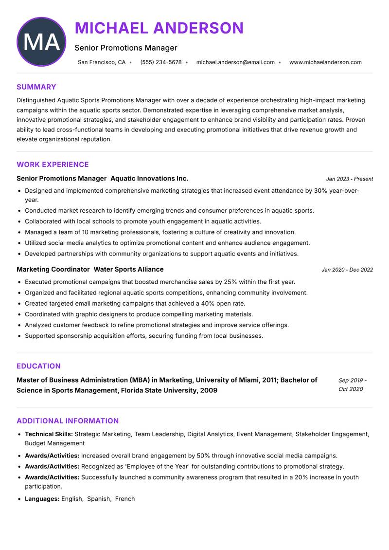 Aquatic Sports Promotions Manager resume example — ATS-friendly template