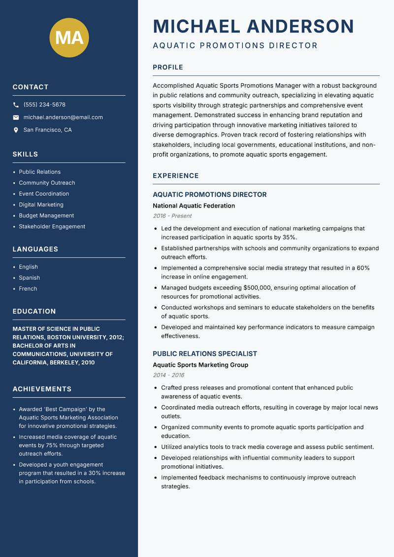 Aquatic Sports Promotions Manager resume template — Classic Clean