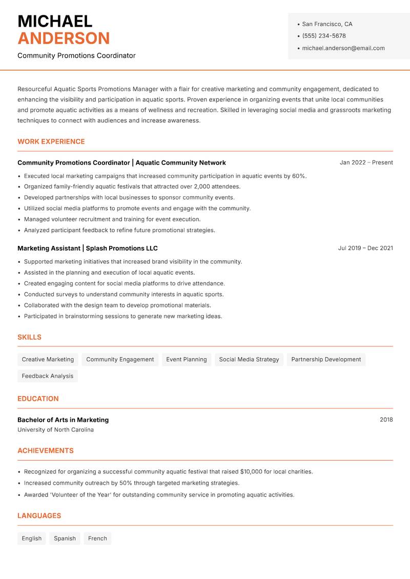 Aquatic Sports Promotions Manager resume template — Modern Professional