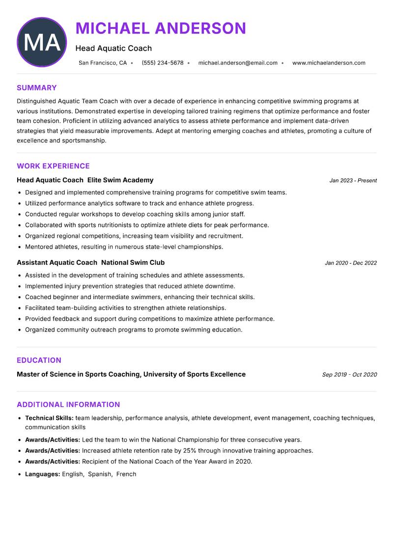 Aquatic Team Coach resume example — ATS-friendly template
