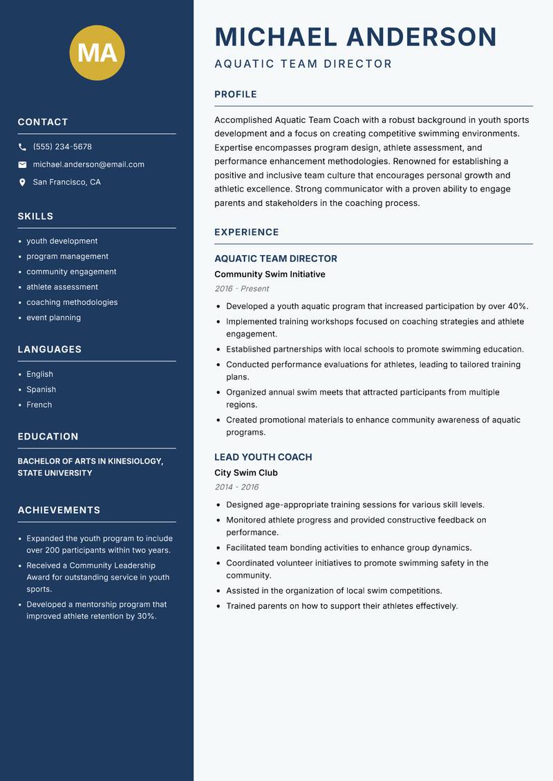 Aquatic Team Coach resume template — Classic Clean