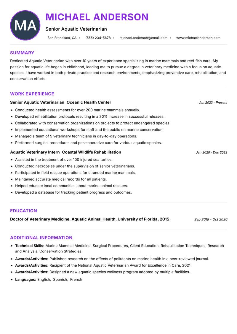 Aquatic Veterinarian resume example — ATS-friendly template