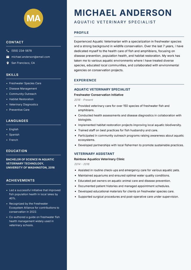 Aquatic Veterinarian resume template — Classic Clean