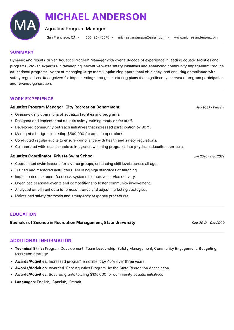 Aquatics Program Manager resume example — ATS-friendly template